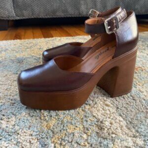 *New* Free People Brown Leather Double Stack Platform Mary Janes 38